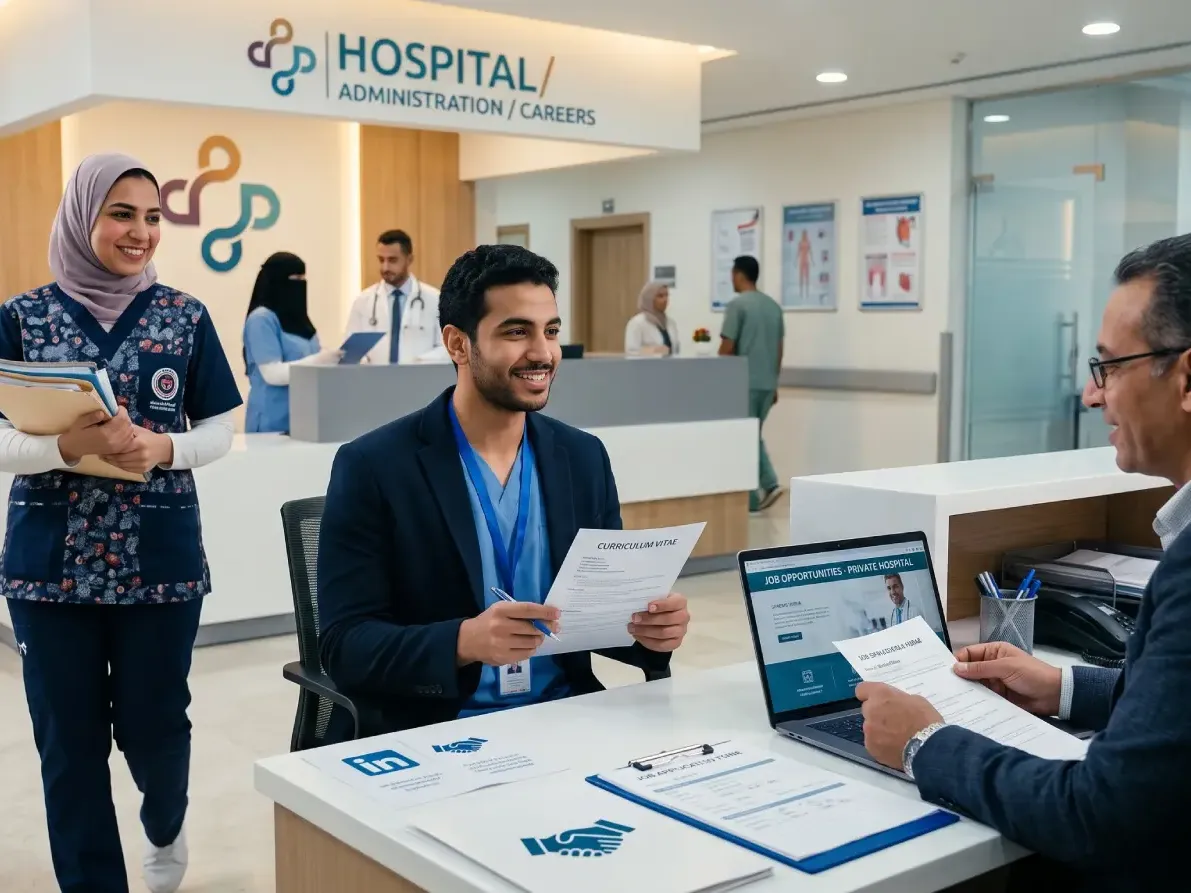 مديرة توظيف وطبيب كبير بمعطف أبيض يراجعان جهازًا لوحيًا في استقبال عيادة حديثة مضيئة.