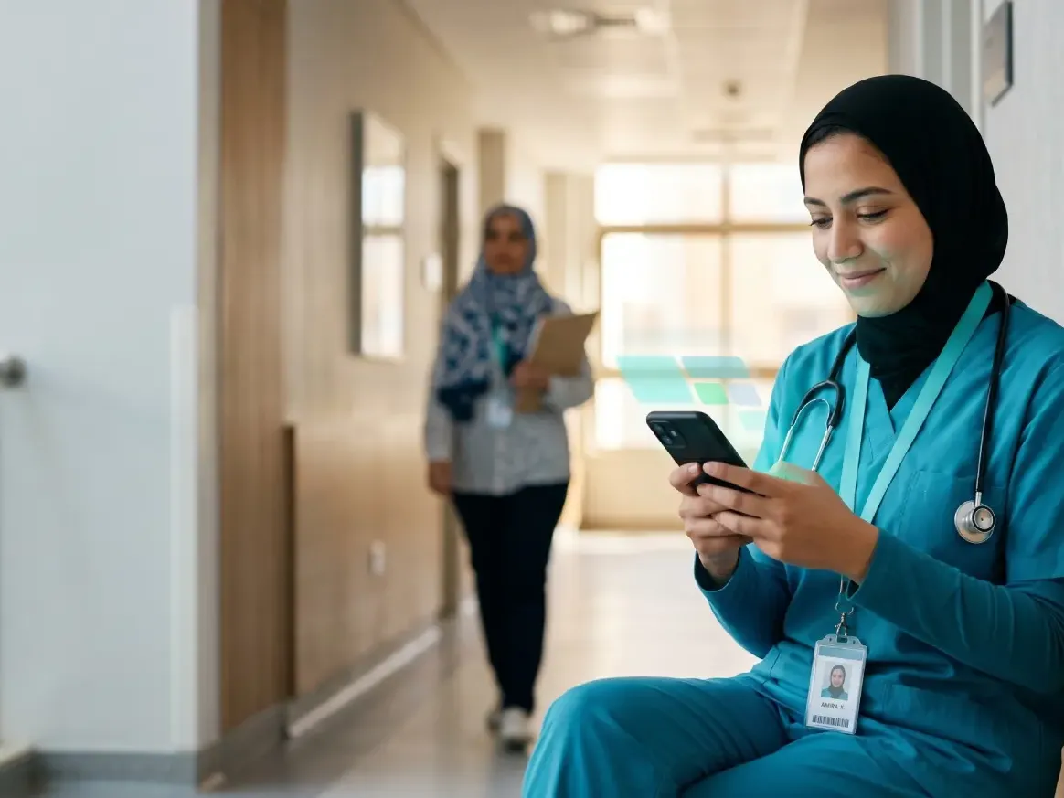 ممرضة مصرية شابة بزي فيروزي في ممر مستشفى مضيء تبتسم وهي تنظر إلى هاتفها وتجد شفتاتك القادمة.